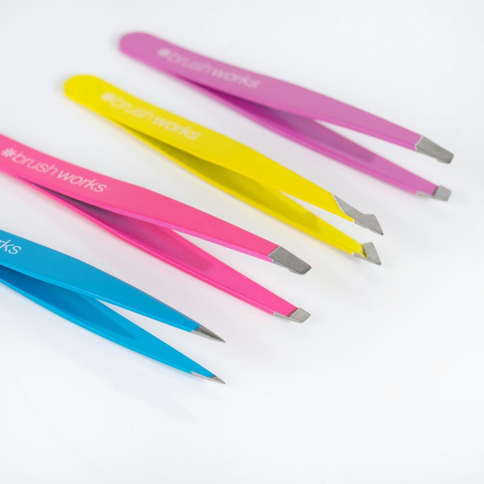 image 1 of Brushworks 4 Piece Combination Tweezer Set - Neon