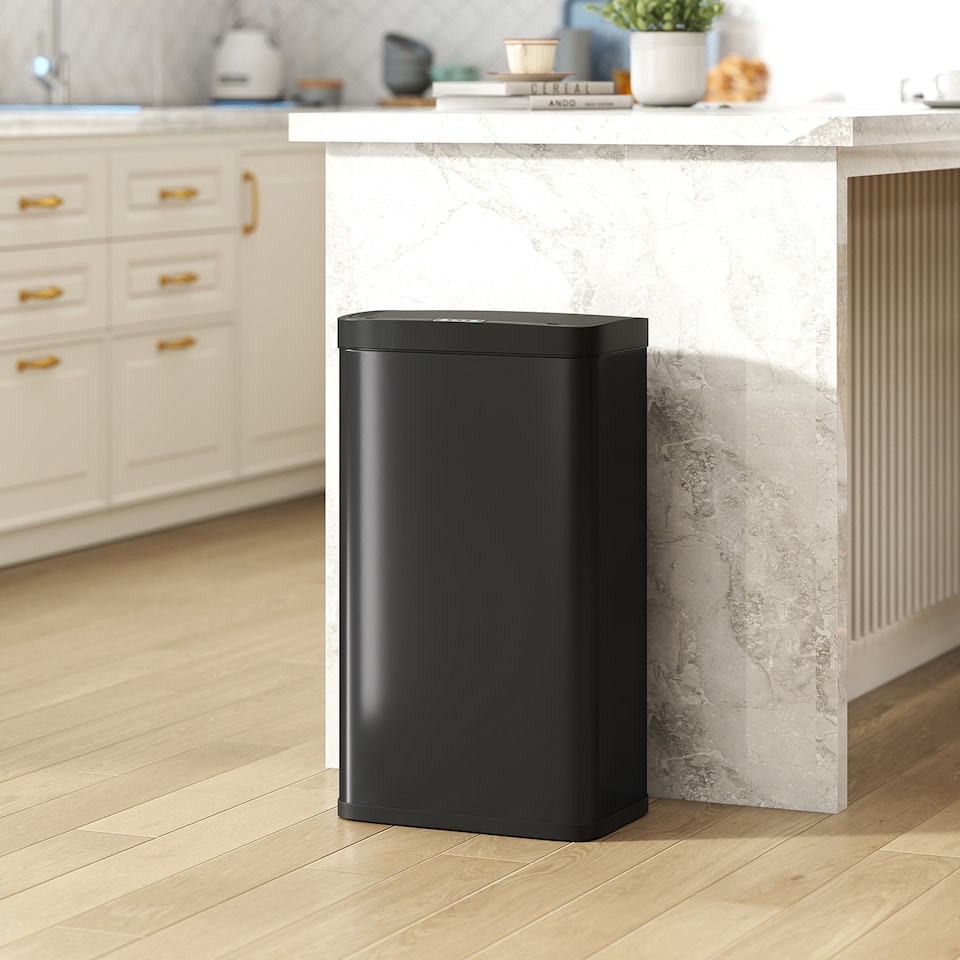 image 1 of HOMCOM 45L Sensor Bin, Metal Kitchen Bin with Automatic Soft Close Lid and Fingerprint-Proof for Recycling and Waste, Black | Black | Black