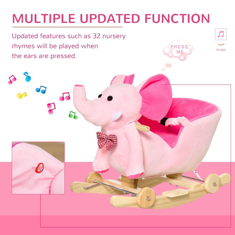 image 1 of HOMCOM 2 In 1 Plush Baby Ride on Rocking Horse Elephant Rocker with Wheels Wooden Toy for Kids 32 Songs for 18 Plus Months (Pink)
