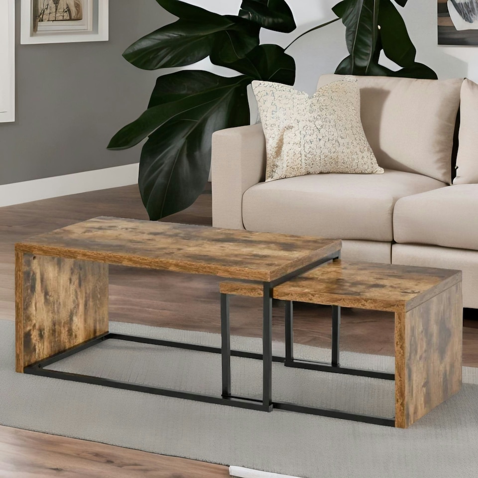 image 1 of Set Of 2 Nesting Tables Industrial Rustic Brown Brown