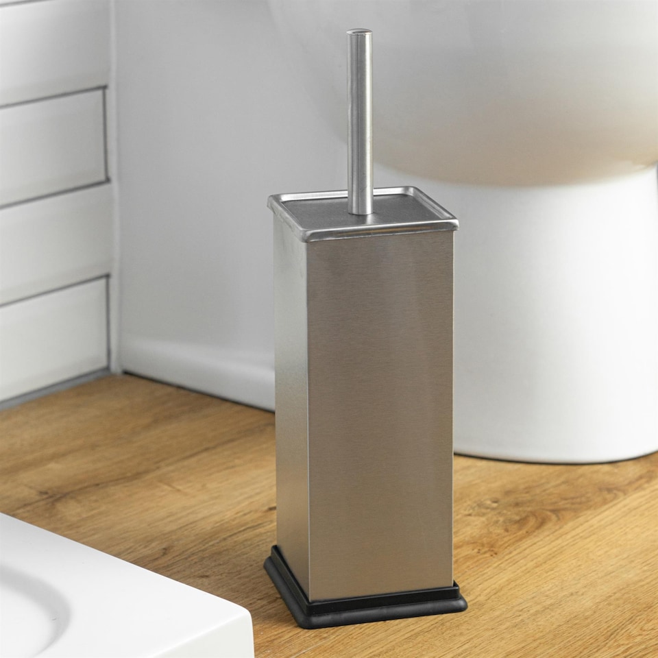 image 1 of Harbour Housewares Square Toilet Brush & Bin Set - Brushed Metal | Silver | Silver
