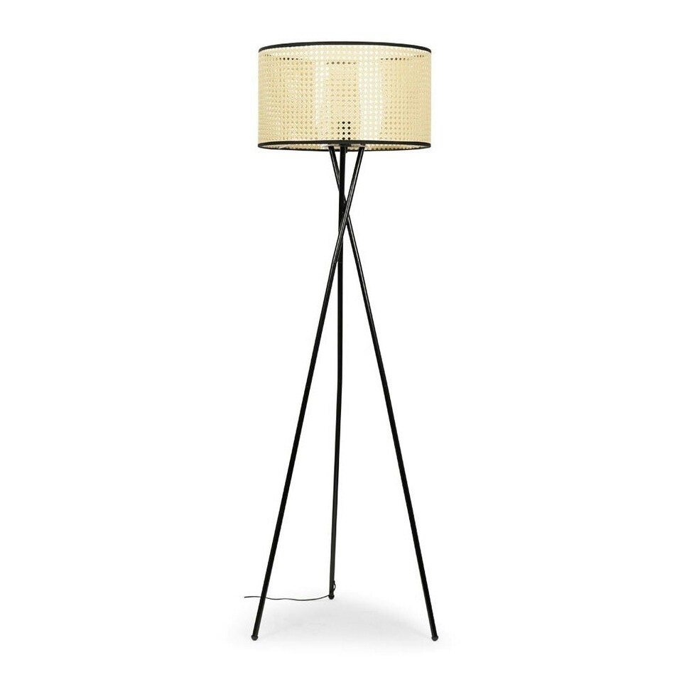 image 1 of ValueLights Camden Black Tripod Floor Lamp and Natural Cane Shade | Cream