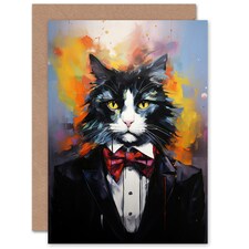 Tuxedo Cat Lover Gift Black White Pet Portrait Painting Art Card