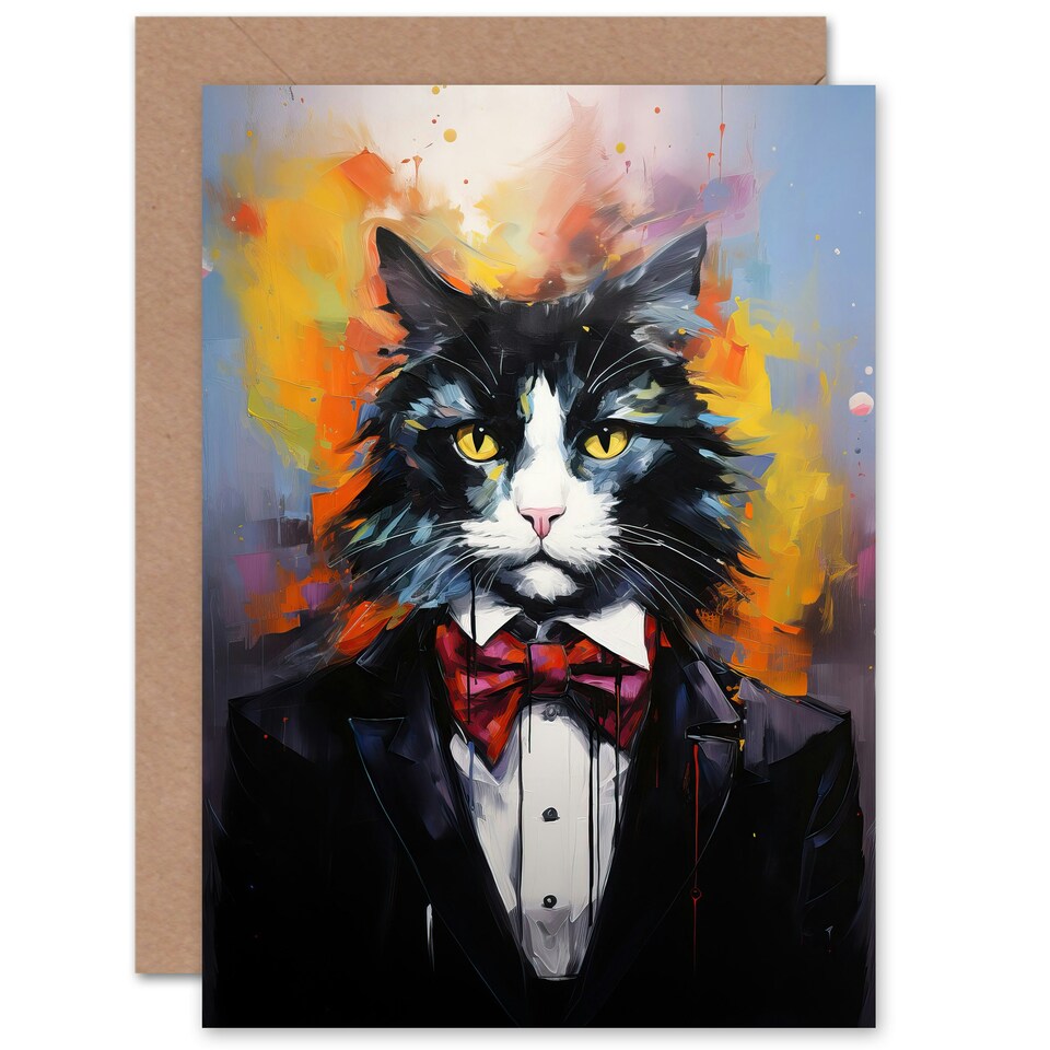 image 1 of Tuxedo Cat Lover Gift Black White Pet Portrait Painting Art Card