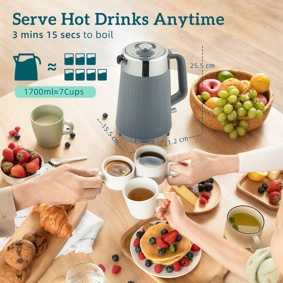 image 1 of HOMCOM 1.7L 3000W Rapid Boil Kettle and 4 Slice Toaster Set Crumb Tray Grey