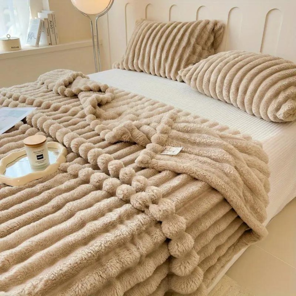 image 1 of Ribbed Jacquard Fleece Blanket Throw 200x240cm - Soft & Cosy Bed Throw