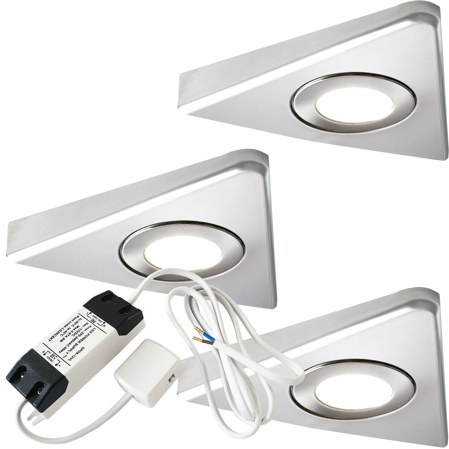 Loops 3x BRUSHED NICKEL Triangle Surface Under Cabinet Kitchen Light & Driver Kit - Natural White LED in Metallics