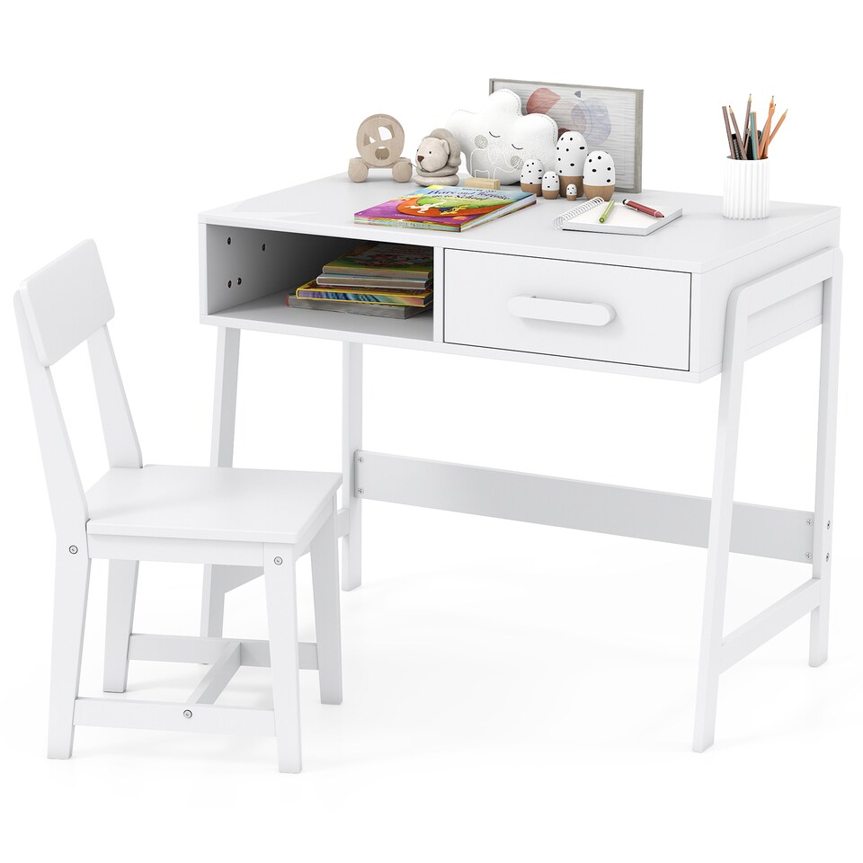 image 1 of COSTWAY Kids Desk and Chair Set with Drawer White
