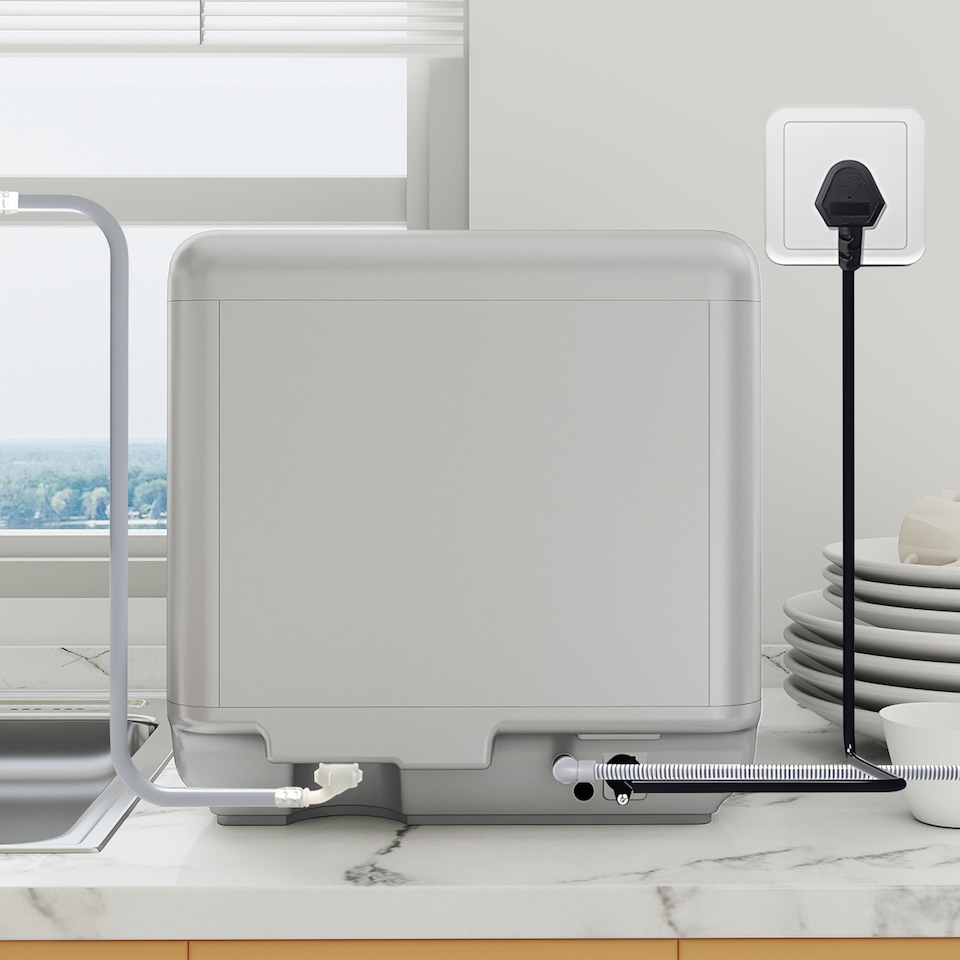 image 1 of HOMCOM Table Top Dishwasher, Mini Countertop Dishwasher No Plumbing with Built-in 6L Water Tank, 6 Programs, Touch Control, LED Display, 4 Place Settings, Dual Water Supply and Fruit Wash, Silver Tone