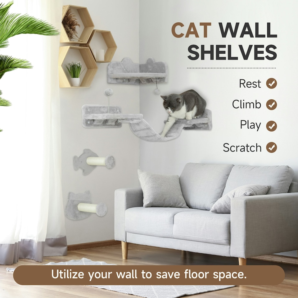 image 1 of PawHut4 Piece Cat Wall Shelves Wall-Mounted Tree with Platforms Light Grey