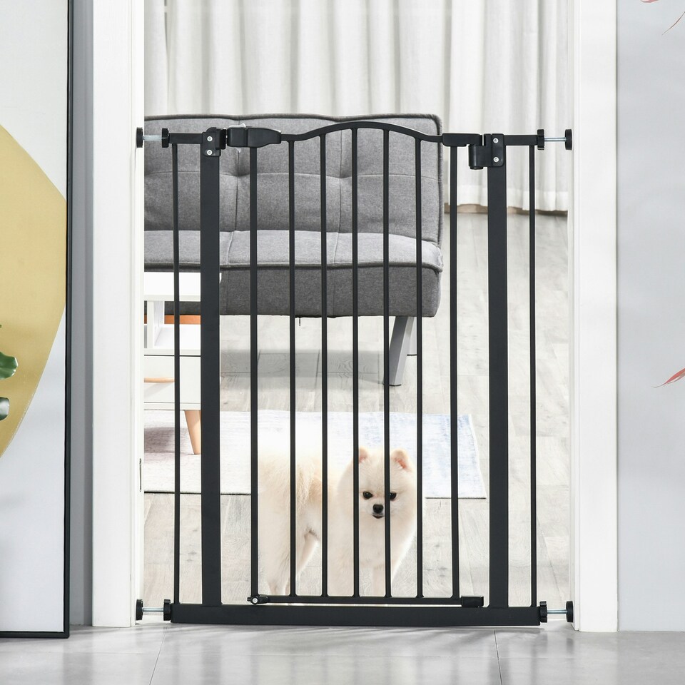 image 1 of PawHut 74-80cm Adjustable Metal Pet Gate Safety Barrier w/ Auto-Close Door Black