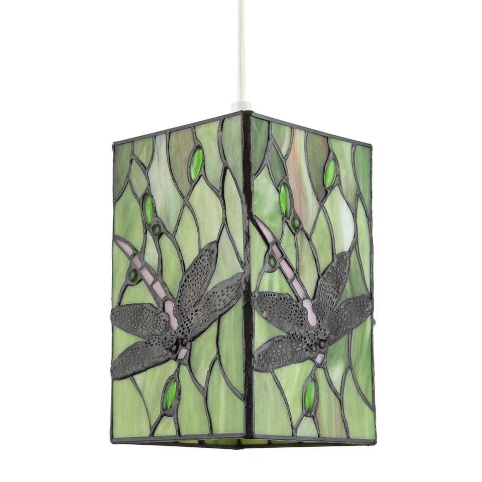 image 1 of Green Stained Glass Dragonfly Rectangular Tiffany Pendant Light Shade | Green | Green | 1