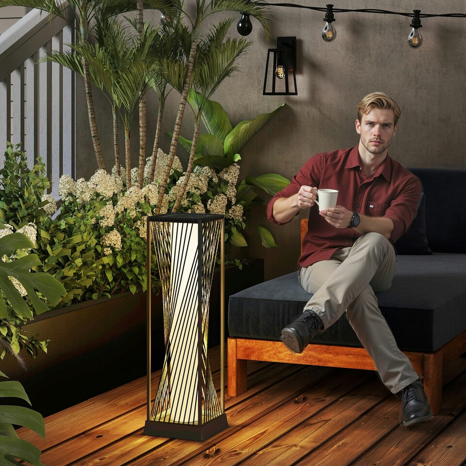 image 1 of Outsunny Rattan Solar Floor Lamp, Auto On/Off LED Garden Lights, Grey