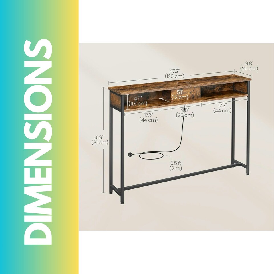 image 1 of Hallway Console Table With Charging Station Rustic Brown Brown
