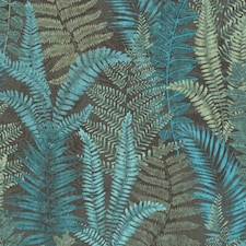 Sample of Fern Foliage Wallpaper in Teal on Charcoal Multi