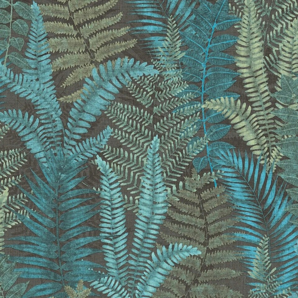 Sample of Fern Foliage Wallpaper in Teal on Charcoal Multi