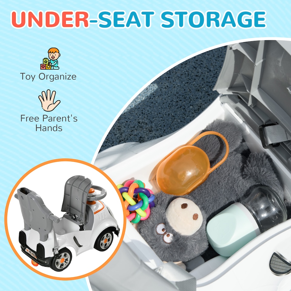 image 1 of AIYAPLAY 3 in 1 Ride on Push Car, Cartoon Robot Theme Foot to Floor Slider, Baby Push Along Car with Parent Handle, Light Music Horn, Underneath Storage, for Boys Girls 12-36 Months - White | White | White