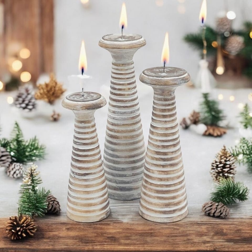 image 1 of Candlesticks (Set of 3) - Wood - L12 x W12 x H35 cm Brown