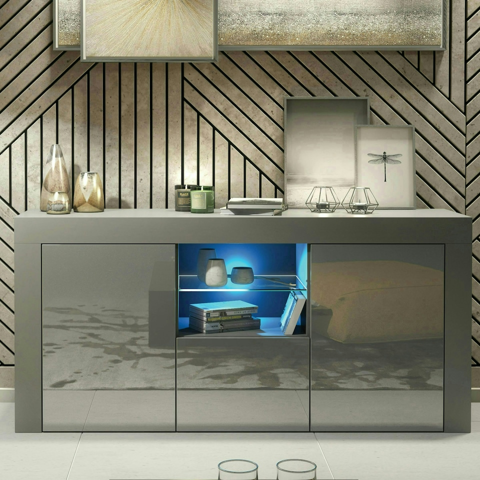 image 1 of Grey TV Unit 145cm Gloss Doors Free LED Modern Media Cabinet Grey