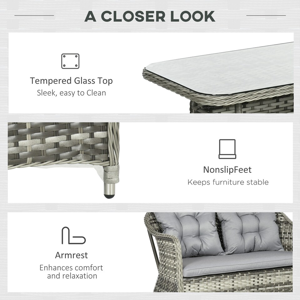 image 1 of Outsunny 4 Pieces Rattan Garden Furniture Set, Round Wicker Garden Sofa Set with Loveseat, Armchairs and Glass Top Table, Outdoor Conservatory Furniture with Cushions for Patio, Balcony, Grey