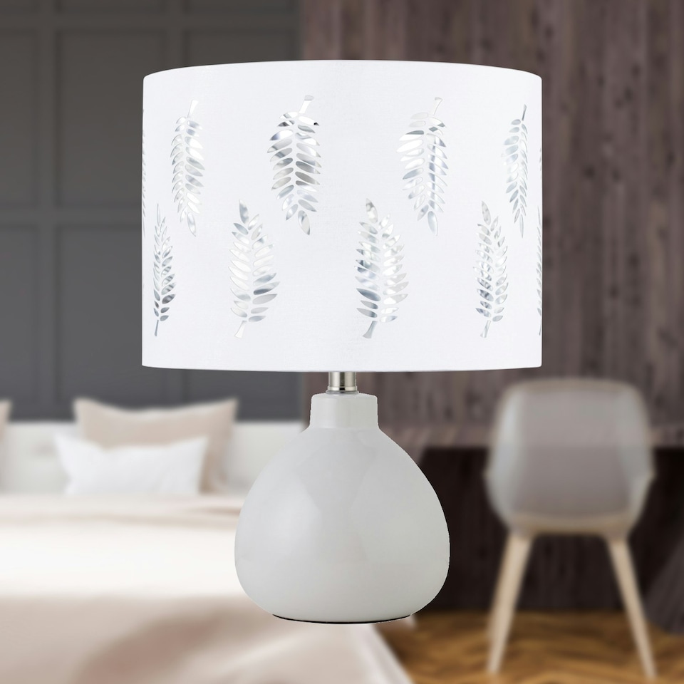 image 1 of Tuscan - White Ceramic Lamp with White Fern Shade White | White