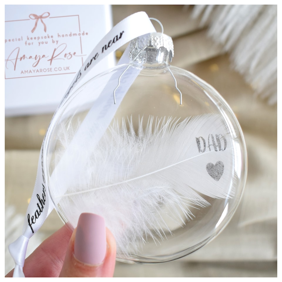 image 1 of In Memory of Dad Feather Round Bauble Gift Boxed. Memorial Christmas Decor