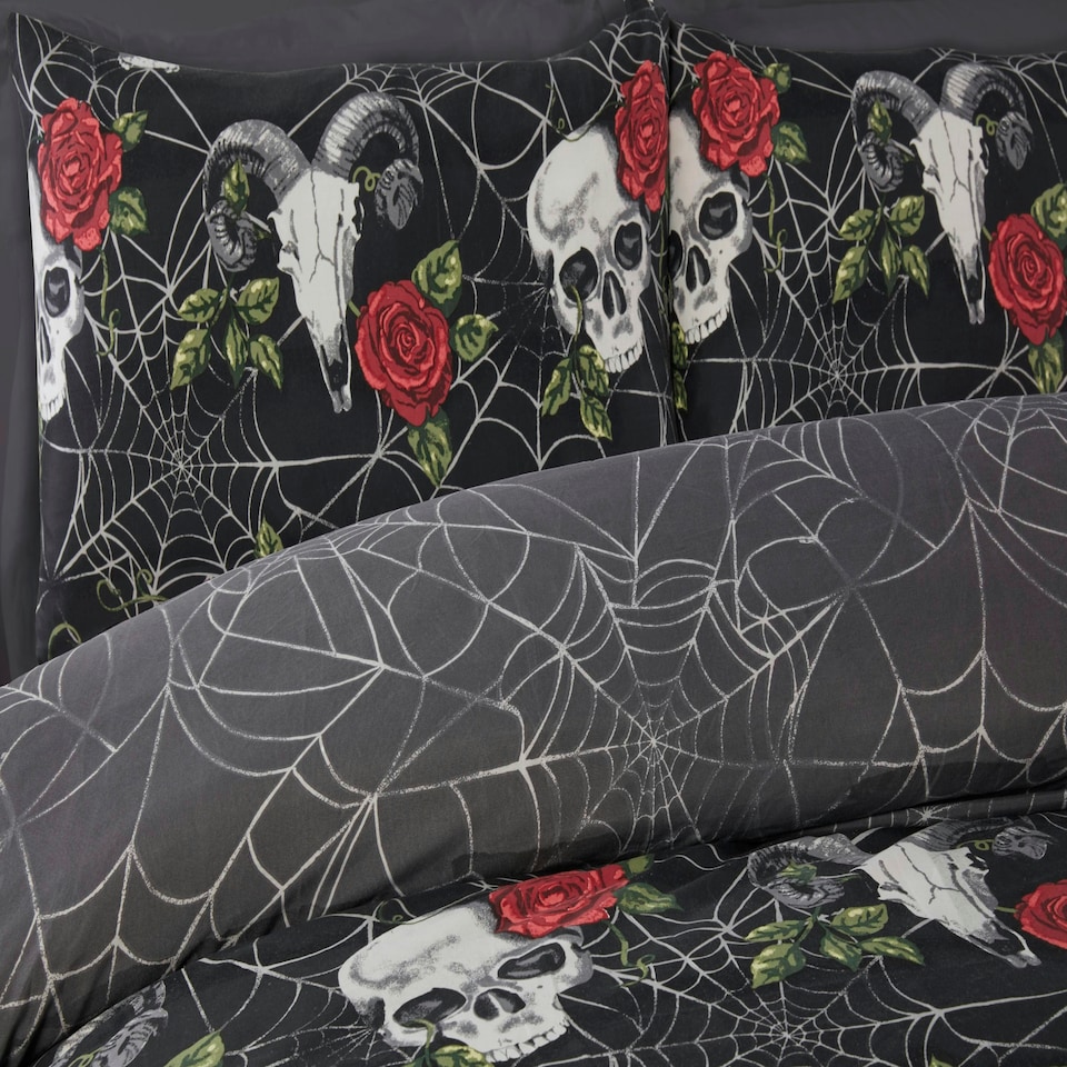 image 1 of Skulls & Roses Microfibre Duvet Set with Pillowcase | Multi | King | 1