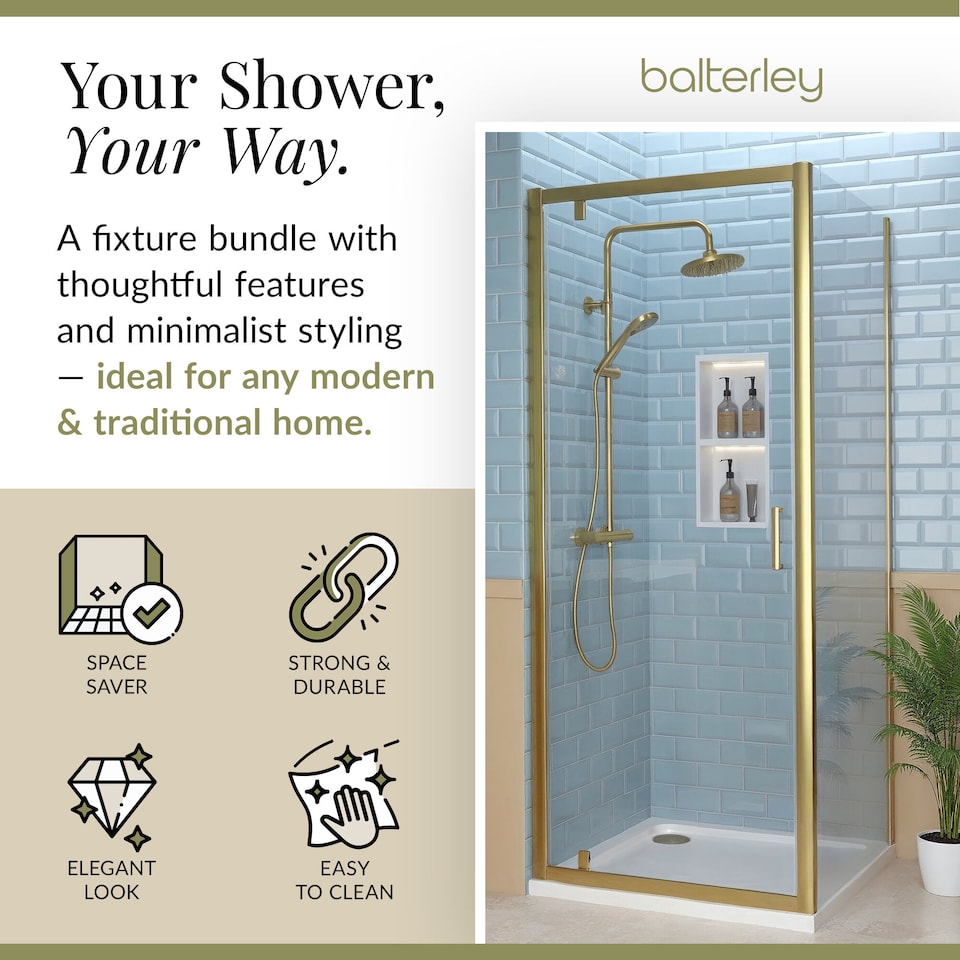 image 1 of Ruwa Pivot Suite & 6mm Glass 800x800mm Tray, Door & Side Panel Brass | Copper | Brushed Brass | 3