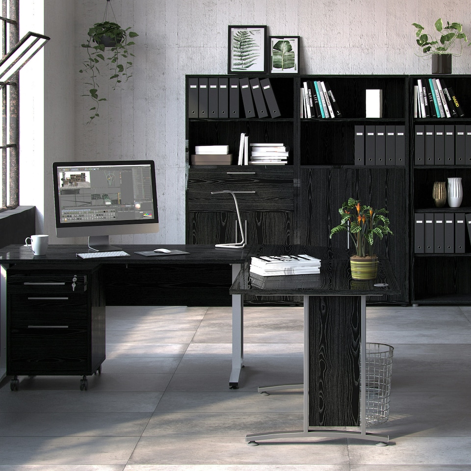image 1 of Prima Bookcase 3 Shelves with 2 Doors in Black Woodgrain