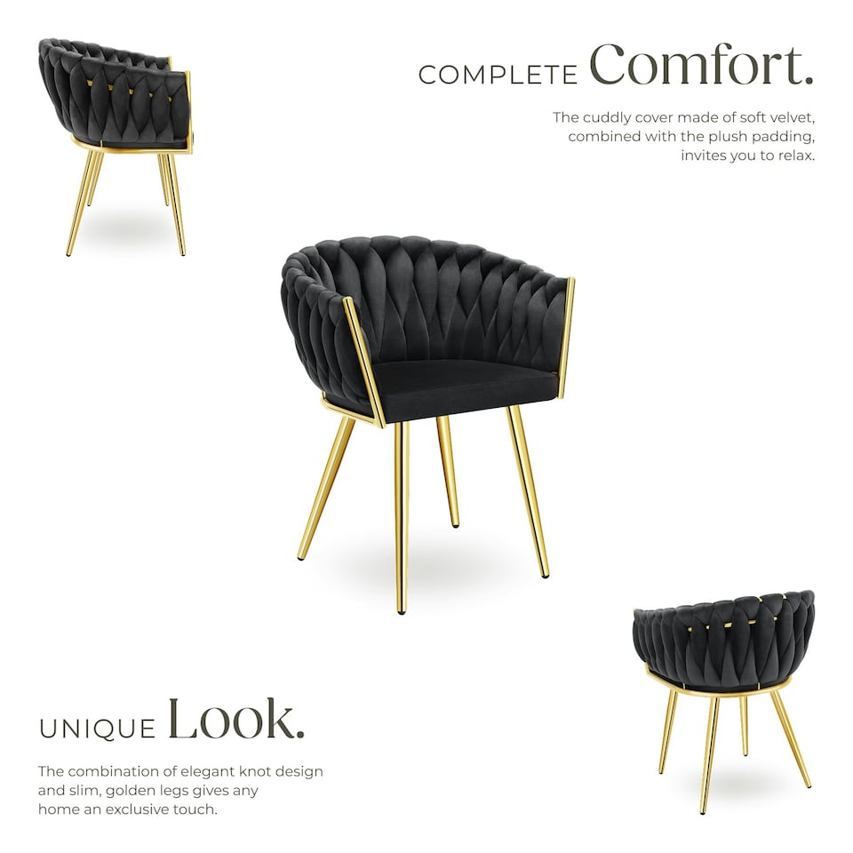 image 1 of Dining Chair Astano - padded, velvet, knot design, continuous backrest - Set of 2 Black | Black/Gold