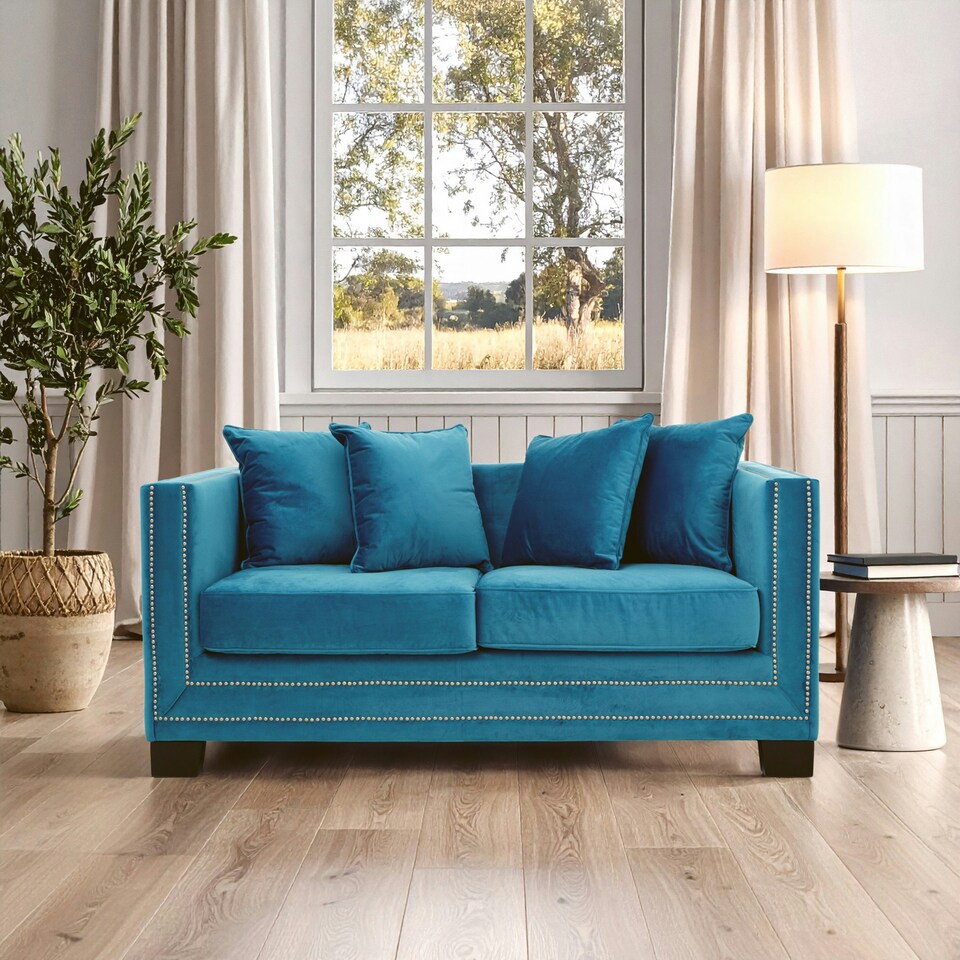 image 1 of Comfortable 2 Seater Cyan Blue Velvet Sofa, Stylish Mid Century Sofa For Bedroom, Functional 2 Seater Sofa Blue