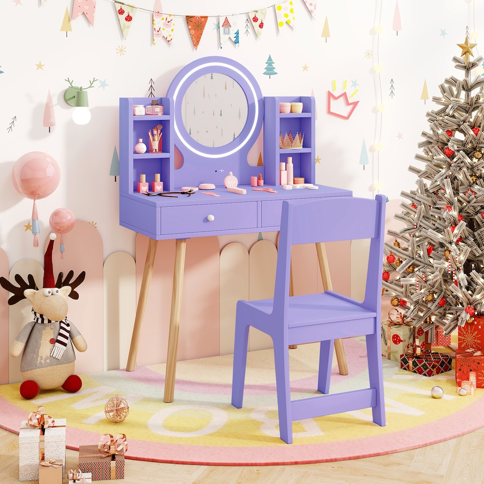 image 1 of COSTWAY Kids Vanity Set Princess Vanity Desk Set Purple