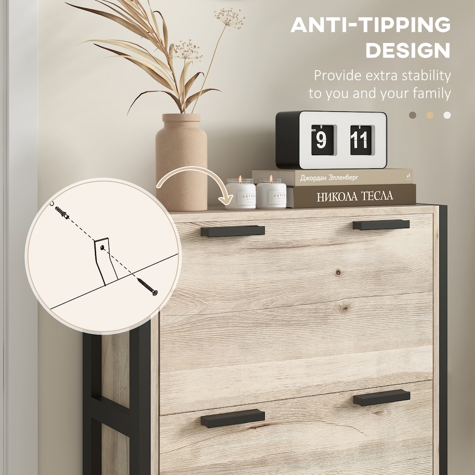 image 1 of HOMCOM 3 Drawers Narrow Shoe Cabinet, 18 Pairs Shoe Storage Cupboard with 3 Flip Doors and Adjustable Shelves for Entryway, Hallway, Natural Wood-effect