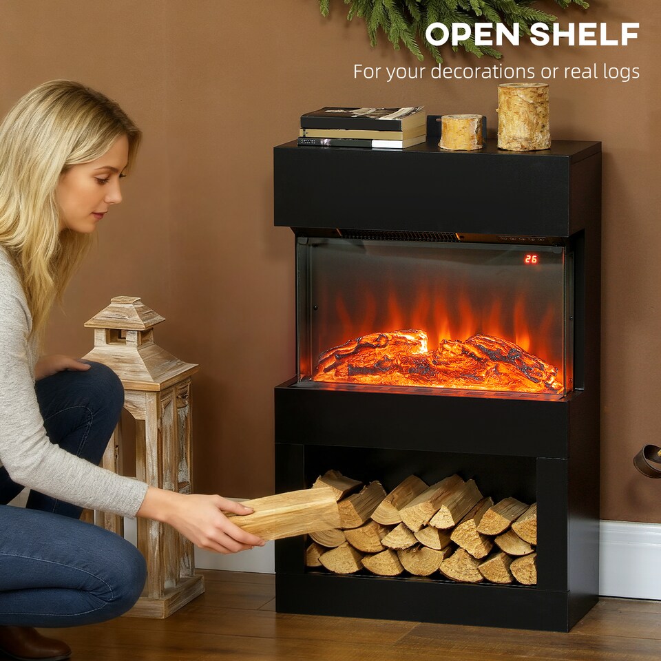 image 1 of HOMCOM Electric Fireplace with 3D Flame Effect, 6 Colours & 3 Brightness Levels, 1000W/2000W Black Electric Fire and Mantel Reach up to 30㎡ Space with Remote & Timer, 3 Sided View for Living Room | Black