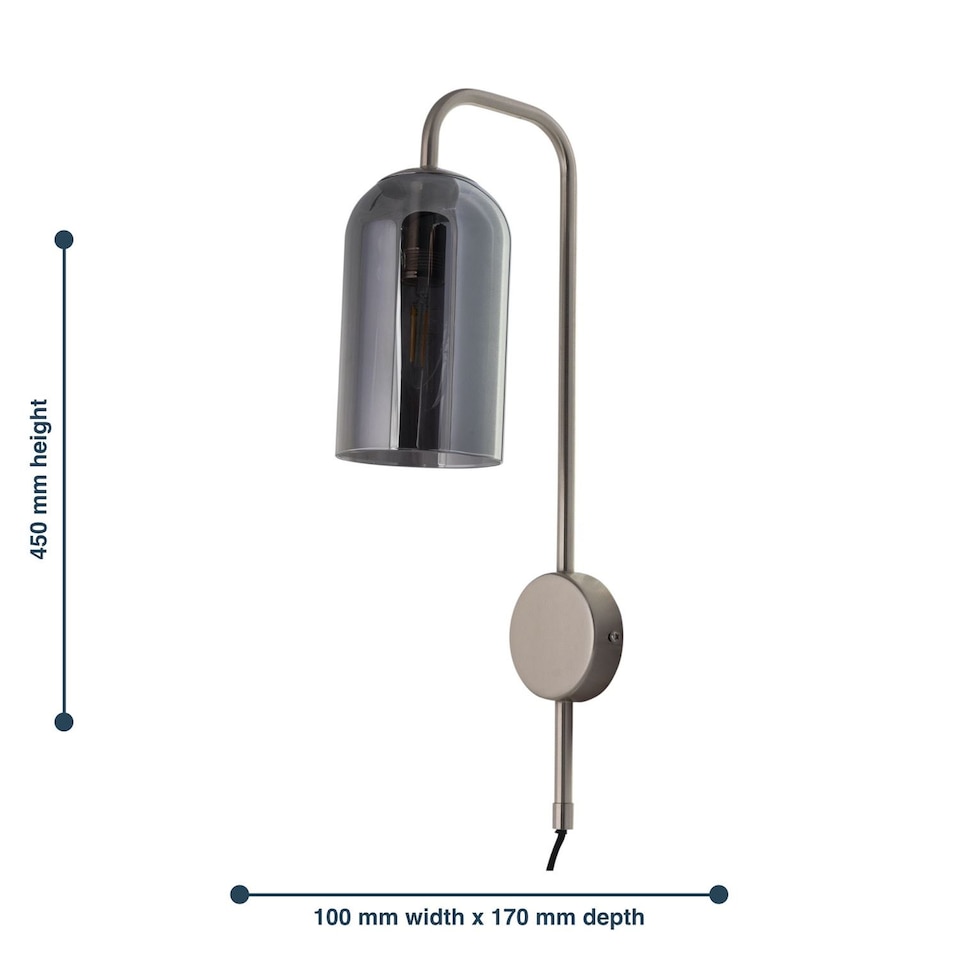 image 1 of Set of 2 Victoria - Satin Nickel Plug in Wall Lights with Glass Shades | Chrome | Grey | 2