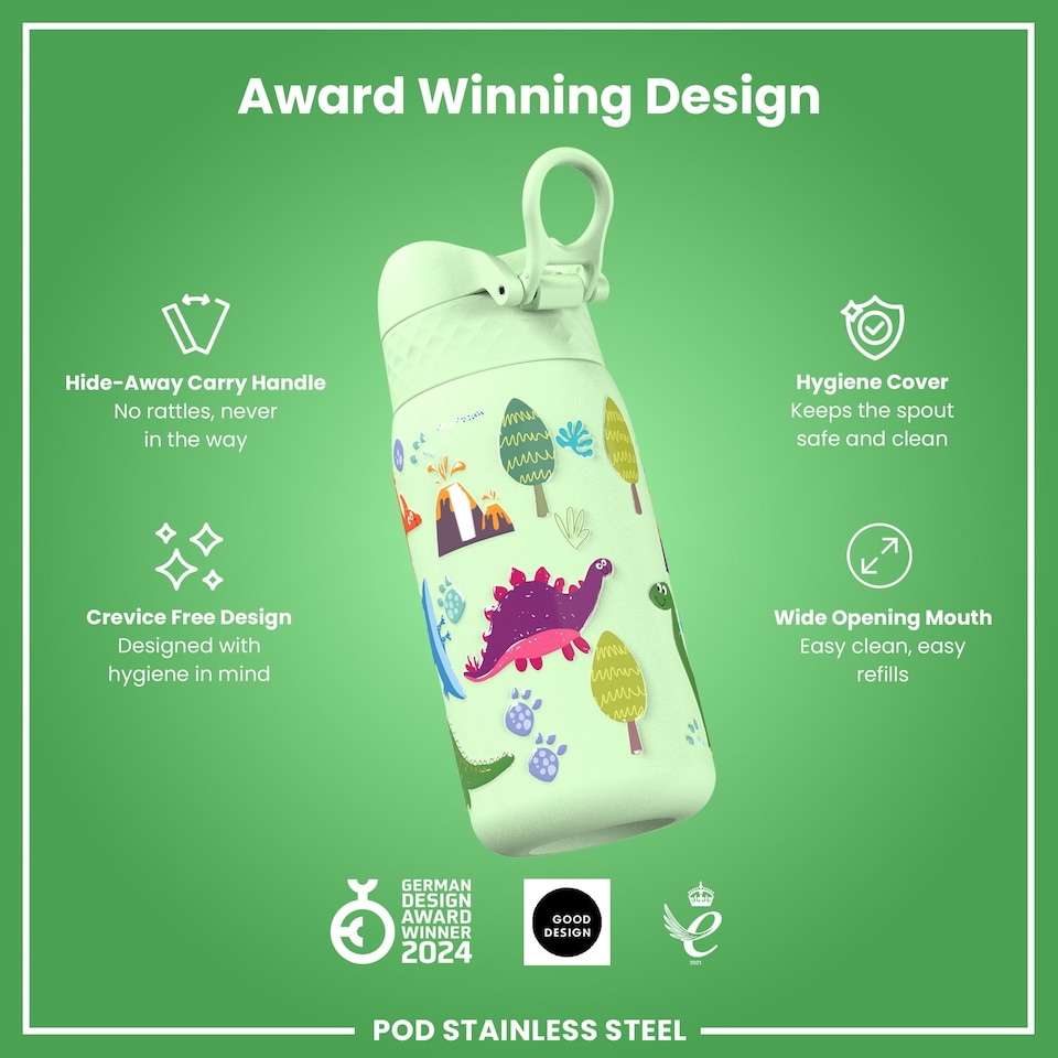 image 1 of Leak Proof Water Bottle, Vacuum Insulated, 320ml (11oz) | Green | Dinosaur | One Size