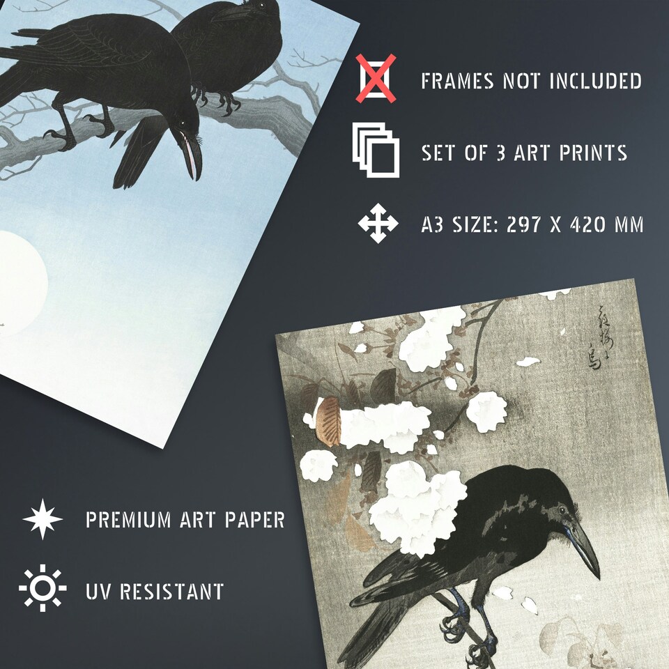 image 1 of Set of 3 Ohara Koson Crows Black White Blue Japanese A3 Wall Art Prints | Multi