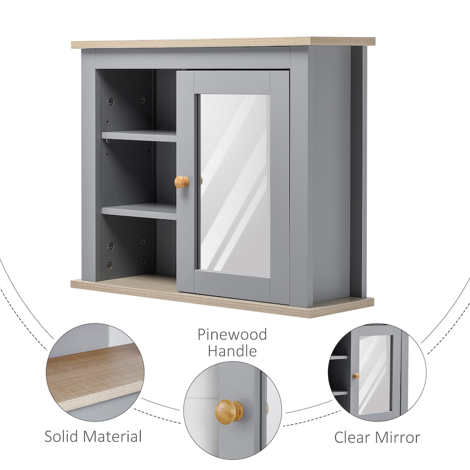 image 1 of kleankin Bathroom Wall Mirror Cabinet, Cupboard with Door, Storage Cabinet with Adjustable Shelf for Corridors Living Rooms, Grey