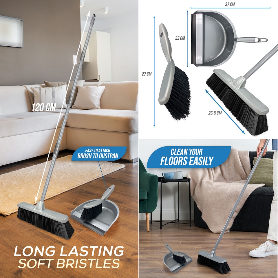 image 1 of Indoor Soft Sweeping Broom and Dustpan Set Long Handle Floor Brush for Wood and Tile