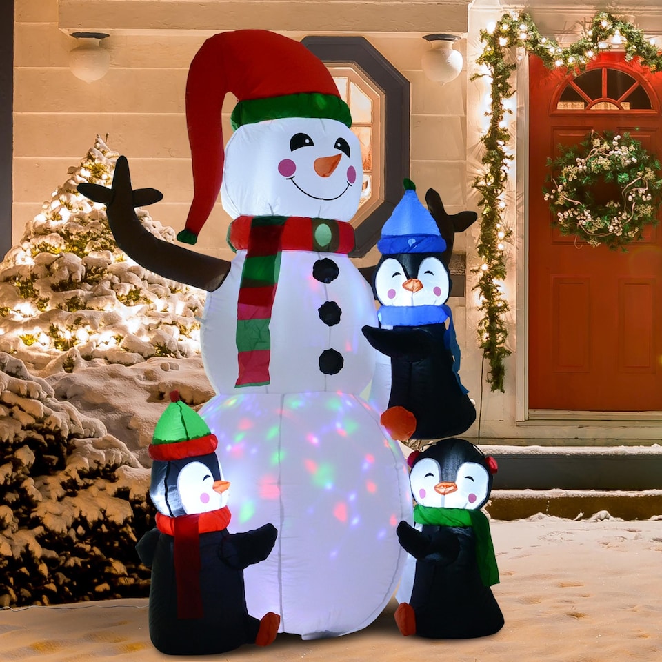 image 1 of HOMCOM 6ft Inflatable Christmas Snowman with Three Penguins LED Xmas Decor Holiday Outdoor Yard Decoration