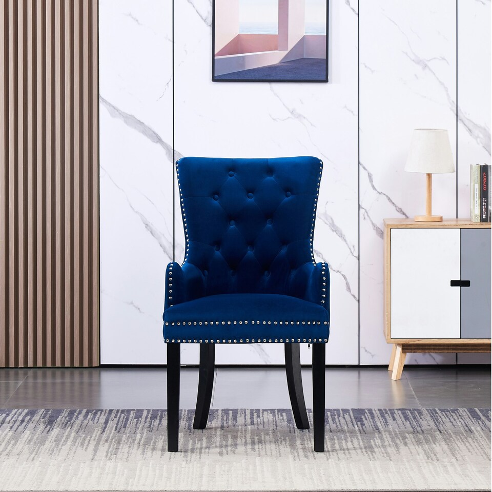 image 1 of Single Velvet Dining Chair with Armrest, Ergonomic Scoop Knockerback & Button Tufted Wood Legs Blue
