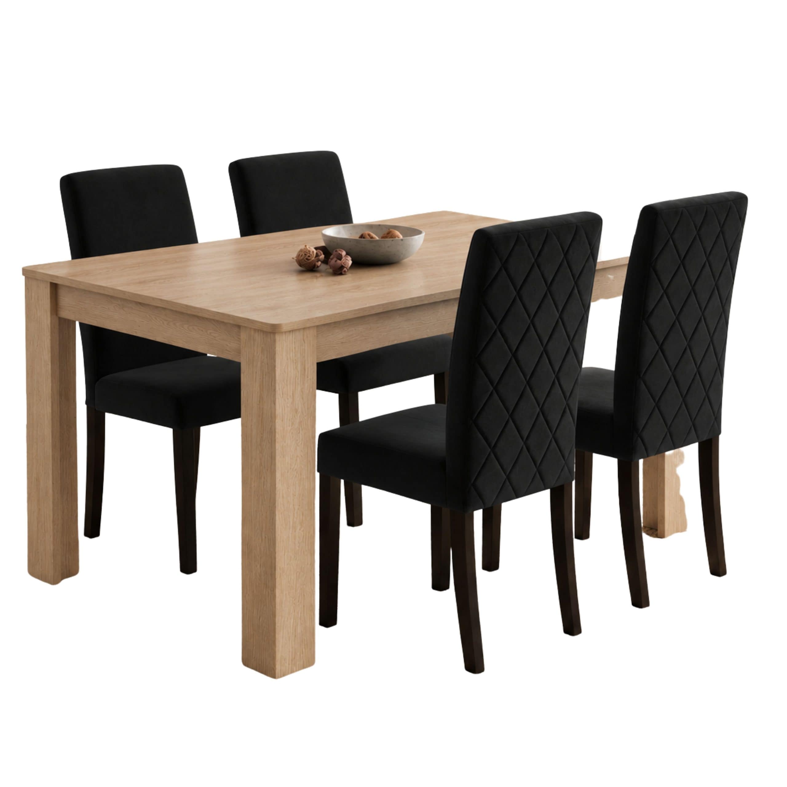 Dining Room Set with Oak Effect Table and 4 Black Diamond Stitch Velvet Chairs with Wooden Legs