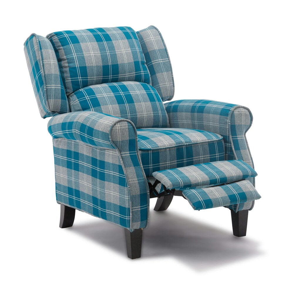 image 1 of Eaton Wing Back Fireside Checkered Fabric Pushback Recliner Chair (Blue)