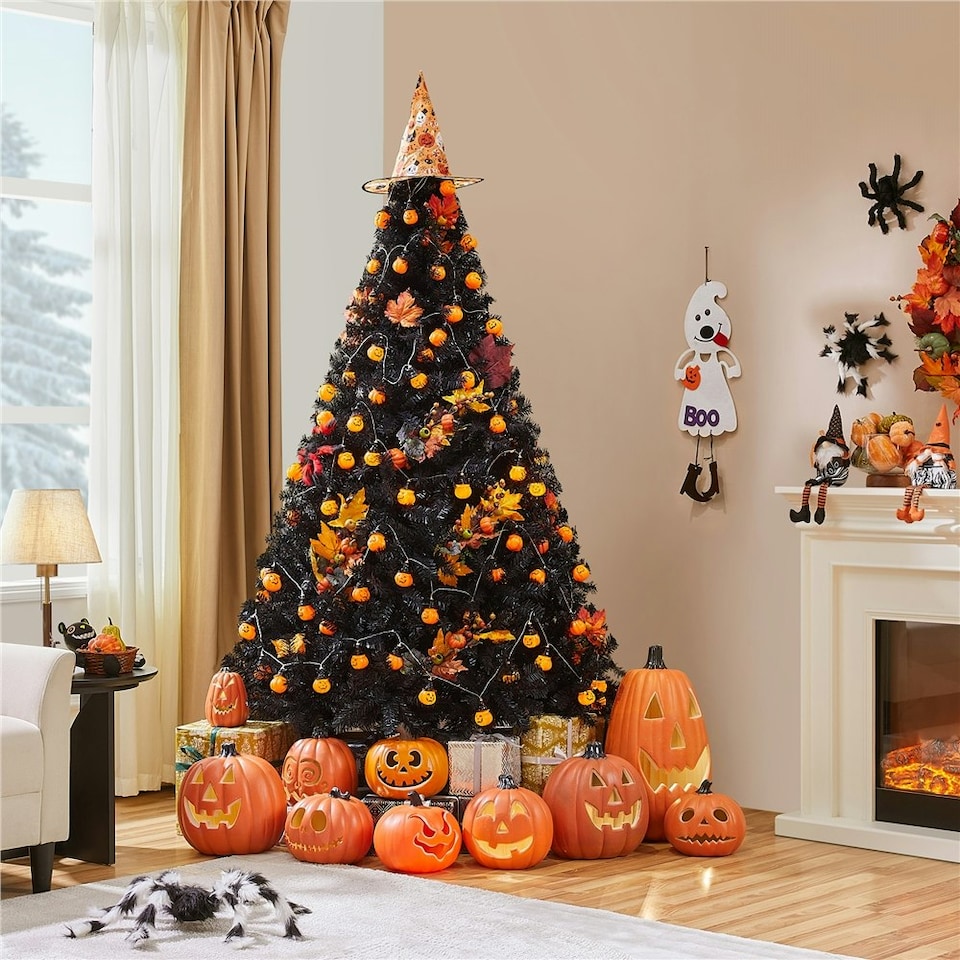 image 1 of Yaheetech 219 cm Tall Hinged Fir Holiday Decoration Artificial Christmas Tree Black