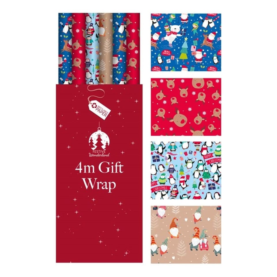 image 1 of Pack of 4 4m Cute Christmas Design Kids Gift Wrap Rolls