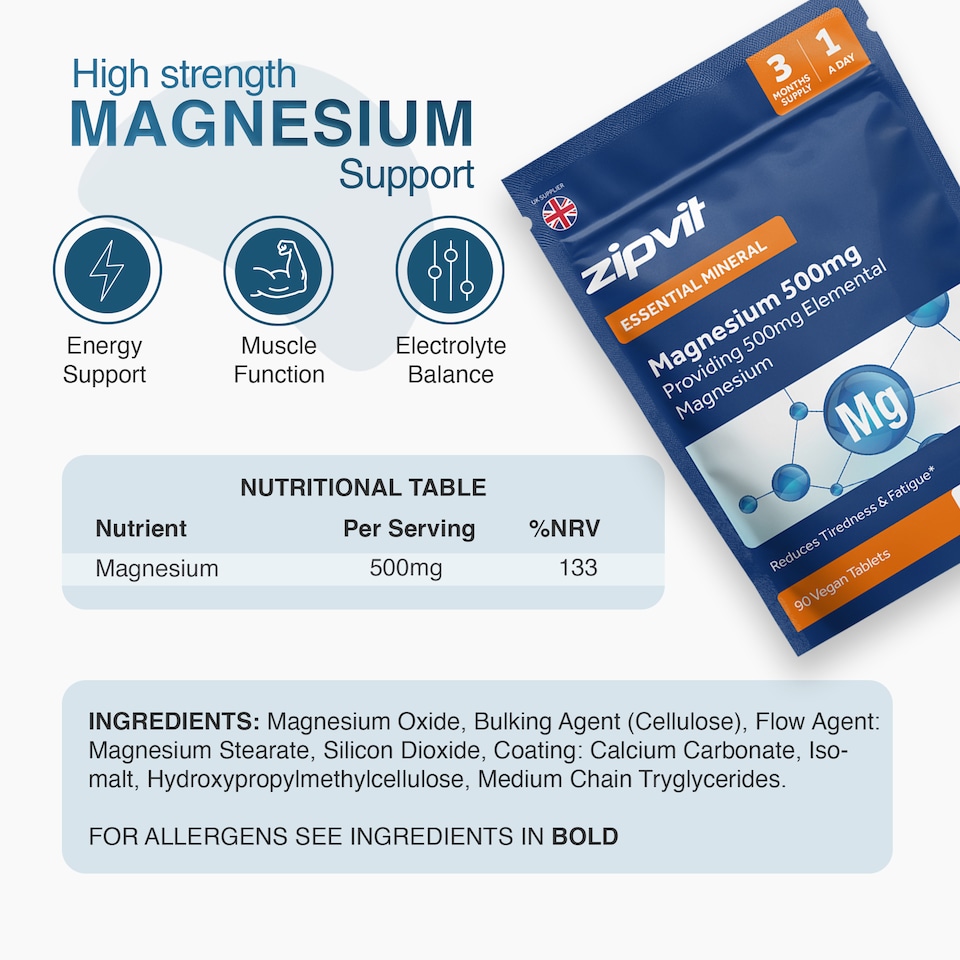 image 1 of Zipvit Magnesium 500mg, Energy, Muscle & Bone Support, 90 Vegan Tablets, 3-Month Supply