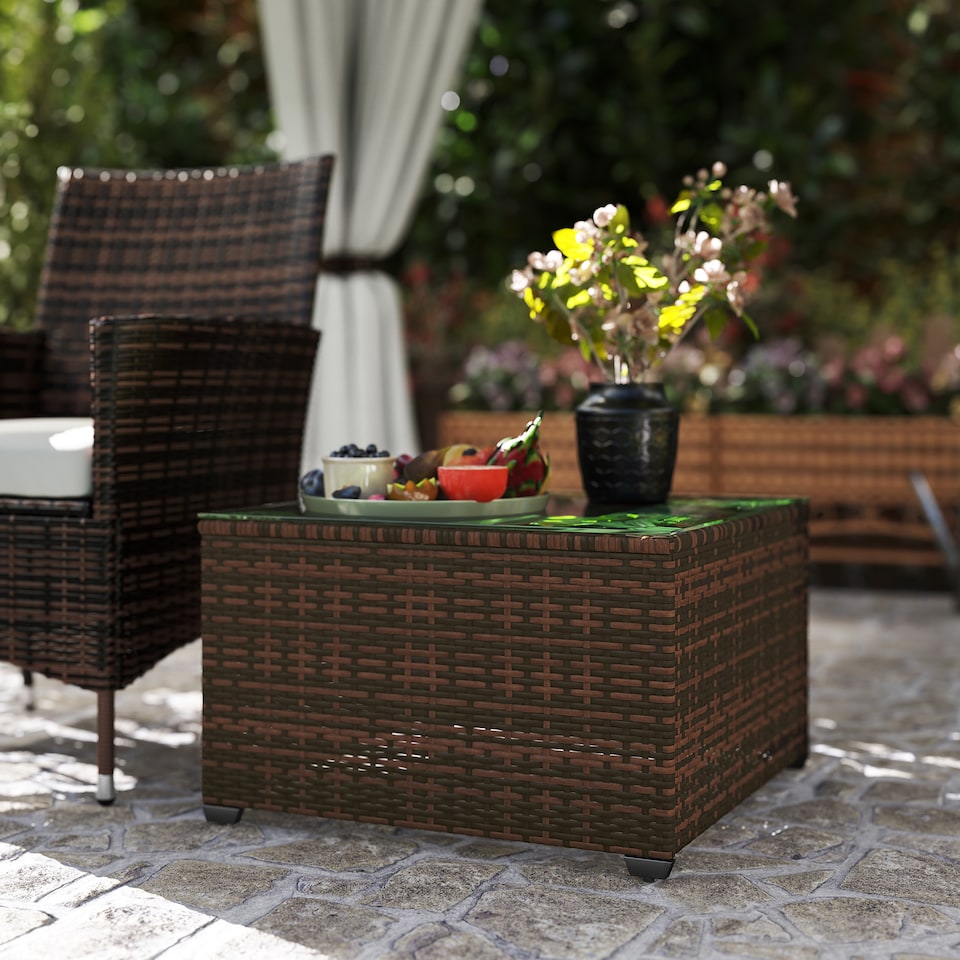 image 1 of Outsunny Outdoor Coffee Table with Glass Top, Rattan Side Table, Brown