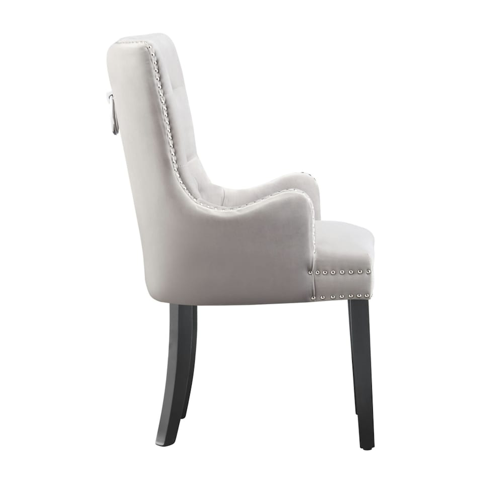 image 1 of Set of 2 Velvet Dining Chairs with Armrest, Ergonomic Scoop Knockerback & Button Tufted Wood Legs | Grey | Dark Grey