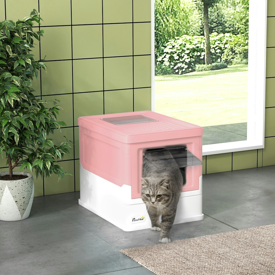 image 1 of PawHut Hooded Cat Litter Box, Pet Toilet w/ Scoop, Tray - Pink Pink