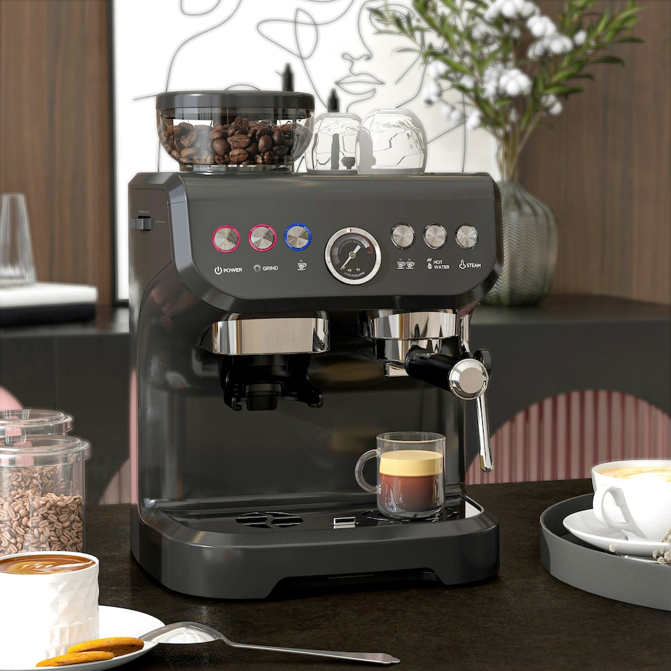 image 1 of HOMCOM Espresso Machine, Bean Grinder & Steam Wand, 15 Bar Pressure, Black